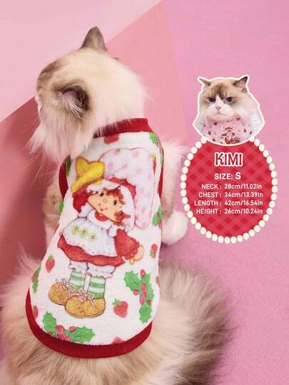 Strawberry Shortcake X SHEIN 1 pieza Chaleco de felpa con figura de dibujo animado para mascotas, tallas XXS-XXXXL, extra pequeña, extra grande, gato, perro, fresa, pastoral, Navidad, decoraciones navideñas
