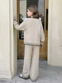 SHEIN Serisse Kids Tween Girl Casual Fashion Versatile Contrast Trim Pullover Sweater And Loose Knit Pants Set, Suitable For Weekend, Casual Outing, Back To School, Suitable For Winter, Casual, Preppy, Cute & Casual & Vintage, Great For Autumn/Winter Casual, Daily Wear, School,Khaki Pullover Long-Sleeved Trouser Suit - Khaki - View 6