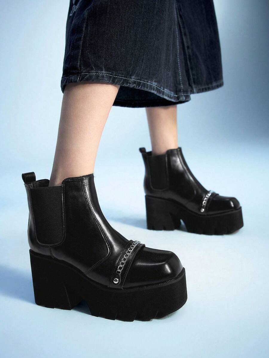 Sugerpunk 哥特风格方头金属链粗跟朋克靴，PU 皮革黑色高跟靴适合派对、日常穿着、晚礼服，增高修腿 - 黑色 - 查看 1