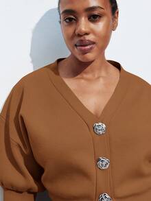 Maija Plus Size Women V-Neck Drop Shoulder Short Sleeve Casual Cropped Cardigan Knit Top, Versatile For Urban Commute, Business Casual, Elegant Outfit