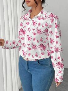 Elenzga 大码女士优雅 Polo 领碎花长袖衬衫，春秋季纽扣衬衫上衣 - 彩色 - 查看 5