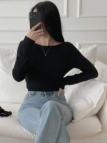 DAZY 1 件女士露肩修身针织毛衣，秋季长袖套头衫 - 黑色 - 查看 6