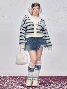 ROMWE Kawaii Große Größen Lässig vielseitiger schlankheitsoptimierender Fair Isle Strickjacke, Herbst/Winter - Grau - Übersicht 2