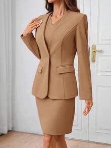 SHEIN Clasi Women's Autumn/Winter Fashion Commuter Jacket & Dress Blue Suit Set