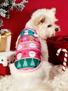 PETSIN 1件粉色边拼接粉绿条纹背心，圣诞老人/圣诞树/雪人元素齐聚圣诞宠物亲肤透气背心 - 彩色 - 查看 2