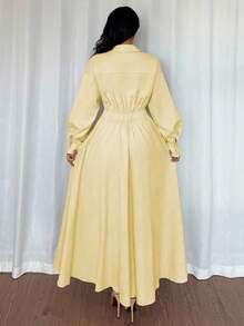 Islaluna Women's Turndown Collar Drop Shoulder Long Sleeve Waist Gathered A-Line Dress, Suitable For Outings, Vacations, Holidays, And Travels