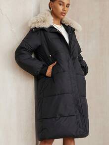 Aveloria Modichic 复古休闲百搭高端时尚设计感优雅修身时尚纯色可拆卸毛领女式棉衣 - 黑色 - 查看 4