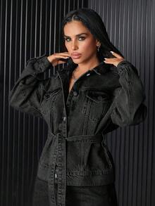 EURMUSE Flap Pocket Button Front Denim Jacket - Dark Grey - View 7