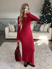 Easowa Enges Bodycon-Kleid mit Rundhalsausschnitt, Schleife vorne, Glockenärmeln und taillierter Taille, aus flauschigem Stoff, lässiger, entspannter Pendler-Vintage-Stil für Frauen