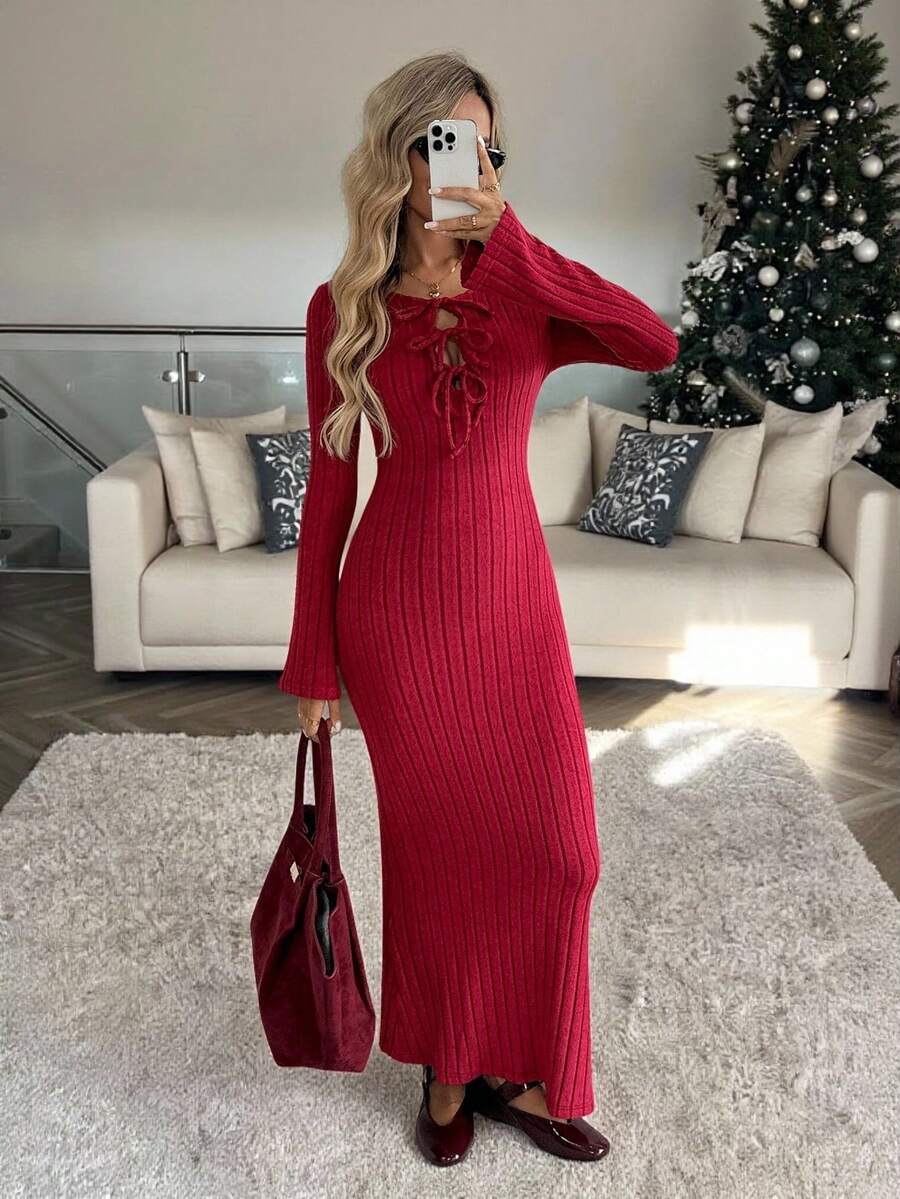 Easowa Enges Bodycon-Kleid mit Rundhalsausschnitt, Schleife vorne, Glockenärmeln und taillierter Taille, aus flauschigem Stoff, lässiger, entspannter Pendler-Vintage-Stil für Frauen