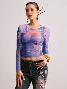 ROMWE Avant New Chinese Style Lotus Flower & Goldfish Calligraphy Text Sheer Blouse For Women - Multicolor - View 6