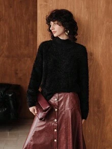 Uhlyne Women's Solid Color Stand Collar Casual Long Sleeve Knit Pullover