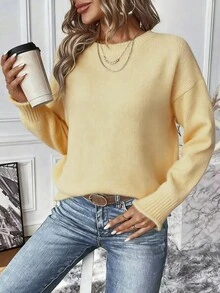 EMERY ROSE Women's Solid Color Round Neck Drop Shoulder Long Sleeve Casual Loose Sweater, Autumn/Winter - Light Yellow - View 1