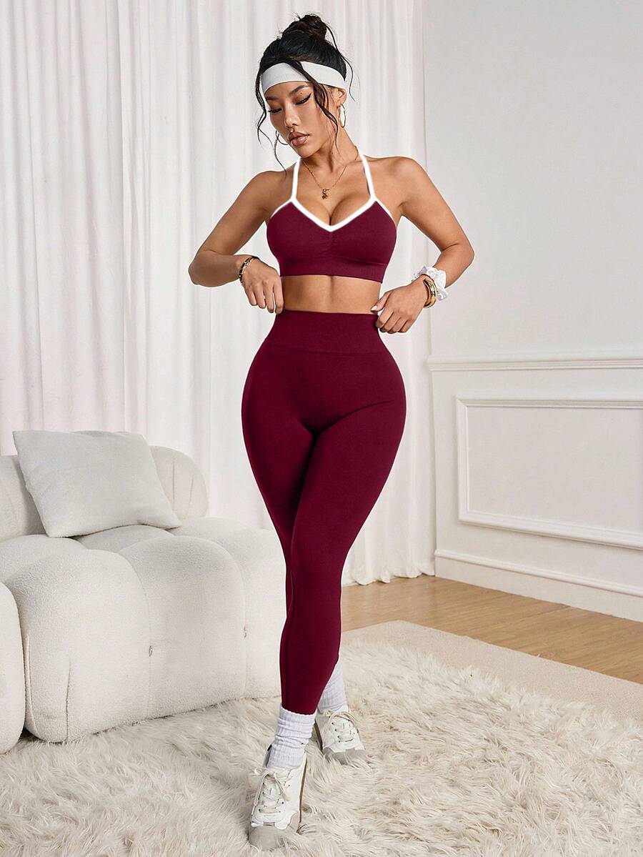 SHEIN Sports 无缝可调节工字背运动文胸和高腰瑜伽紧身裤女式运动套装 - 酒紅色 - 查看 1