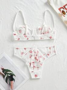 Eraneu 2pcs Sexy Mesh Bra Set With Underwire For Women - Red and White - View 2