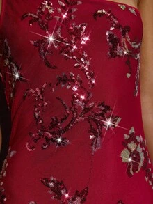 SHEIN BAE Váy dự tiệc cocktail mùa thu/đông thêu vai lệch vai đính sequin trang trí, váy thanh lịch, hẹn hò lãng mạn, tiệc tùng, tụ họp trang trọng, váy dự tiệc đêm, váy dự tiệc cưới, váy Halloween, váy Giáng sinh - Màu Đỏ Sâu - Xem 6