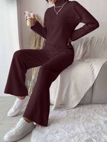 Cloudara 2pcs Women Solid Color Simple Everyday High-Neck Long-Sleeve Top And Trousers Set. - Coral Pink - View 4