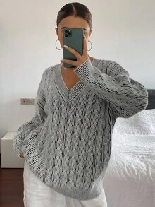 Livesso 女士宽松商务休闲几何图案纹理 V 领套头衫，适合秋冬办公室穿着 - 杏色 - 查看 6