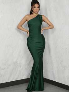 Glamine 婚礼宾客夏季优雅单肩不对称褶皱高腰长裙女式连衣裙长款女装 - 墨綠色 - 查看 6