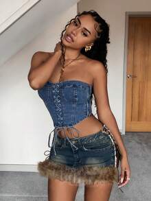 StreetHx Women's Corset-Style Cropped Denim Bustier Top With Lace-Up Design - Blue - View 2