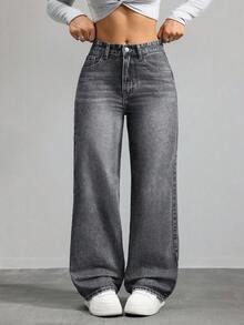 SHEIN ICON 大码休闲日常破洞斜口袋猫须复古牛仔裤 - 灰色 - 查看 1