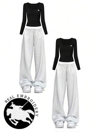 INAWLY Nueva llegada caliente Camiseta negra de mujer con diseño bordado de caballero