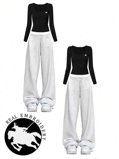 INAWLY Nueva llegada caliente Camiseta negra de mujer con diseño bordado de caballero