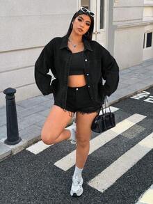 SHEIN ICON Veste en jean décontracté grande taille avec deux poches et fermeture éclair