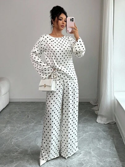 Siren Gaze Vintage Polka Dot Polka Dot Print Round Neck Long Sleeve Top And Pants Elegant 2 Pieces Set Winter Casual