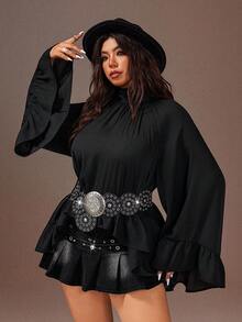 Rustia Plus Size Ruffle Trim Long Sleeve Blouse For Women, European And American Style - Black - View 2