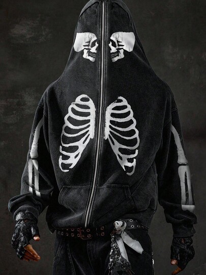 Street Life Sudadera con capucha casual y de moda para hombre con estampado de esqueleto, corte holgado y cremallera, adecuada para primavera/otoño