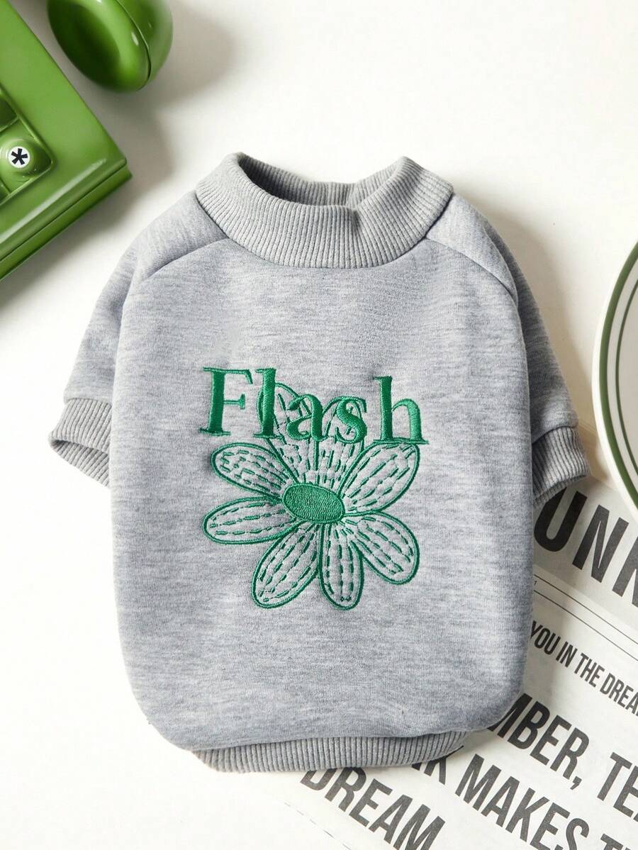 PETSIN 1 Stück universelle Haustierkleidung für Katzen und Hunde, bequemer Pullover für den Frühherbst, lässiges Outfit mit besticktem Rundhalsausschnitt für Herbst und Winter - Grau - Übersicht 1