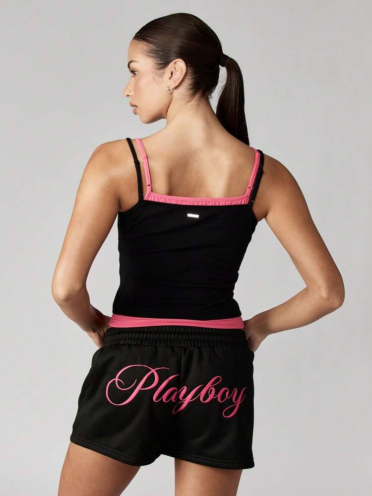 Missguided x Playboy Regata Retrô Estilo Y2K Cropped de Alça Dupla Camada com Acabamento Rosa com Logo de Coelho, Verão, Festival, Casual, Sobreposição
