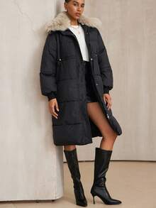 Aveloria Modichic 复古休闲百搭高端时尚设计感优雅修身时尚纯色可拆卸毛领女式棉衣 - 黑色 - 查看 5