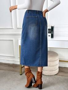 EMERY ROSE 女式休闲水洗前扣牛仔迷你裙，秋季 - 中等水洗藍 - 查看 2