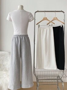 Girls' Casual Solid Color Knitted Brushed Ribbed Composite Fleece Thickened Waist Fixed 3D Bowknot Belt Soft & Comfortable Pants Set, Autumn/Winter Fall