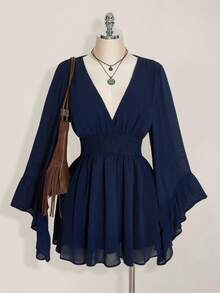 SHEIN ICON 女士西部风纯色深褶皱收腰喇叭袖时尚迷你连衣裙长袖蓝色连衣裙灯笼袖连衣裙藏蓝色连衣裙春夏款 - 藏蓝色 - 查看 2