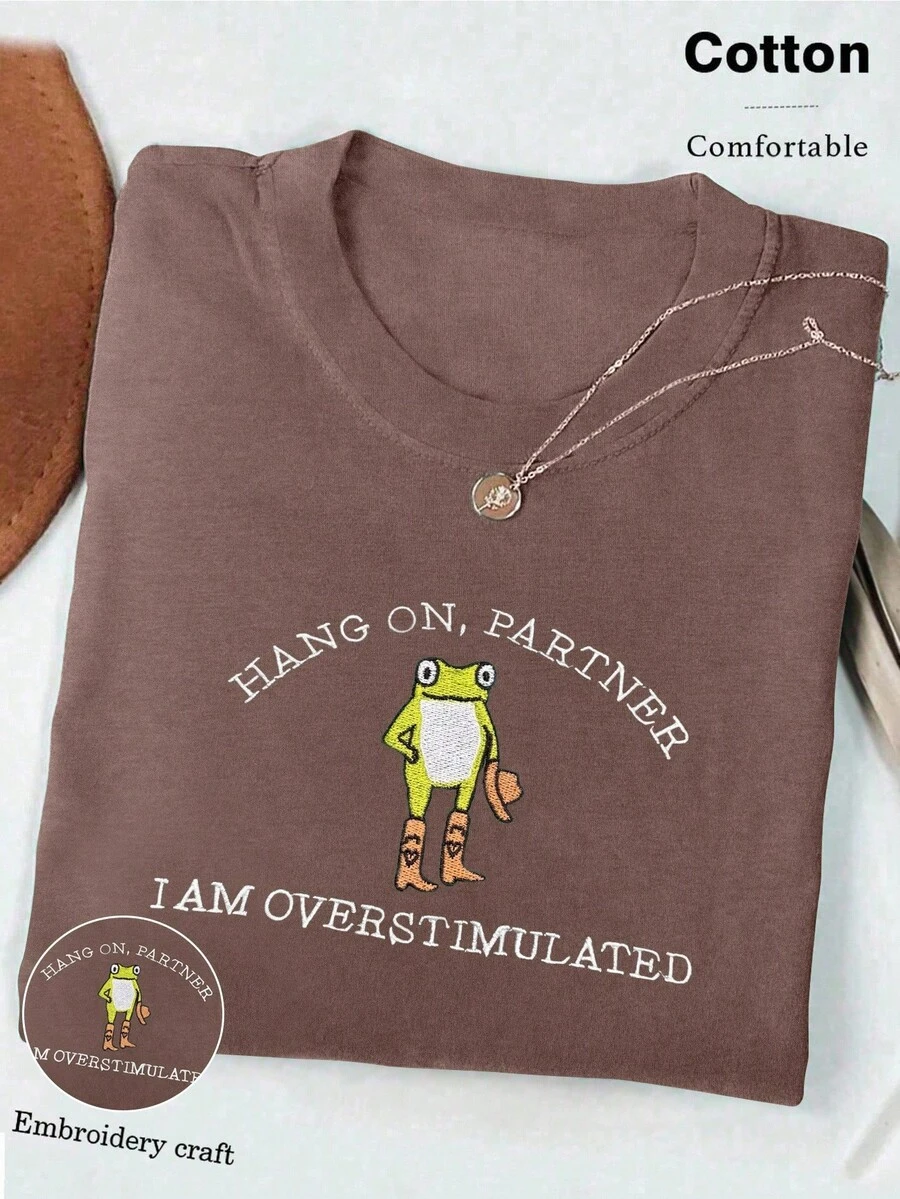 Women's Casual Frog Slogan Embroidered T-Shirt, Summer - Coffee Brown - View 1