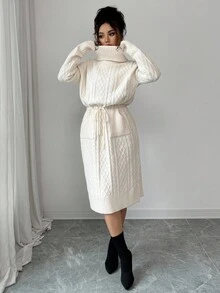 SHEIN Elenzya 女式纯色系带口袋优雅毛衣裙 - 米色 - 查看 4