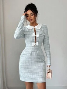 Elenzga Damska, nowa, dzianinowa sukienka mini z długim rękawem w kratę i kokardą, jesień/zima 2025 - Czarne i Białe - Zobacz 6