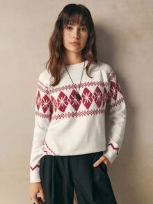 INAWLY Áo len dệt kim cao cấp màu trắng phong cách Giáng sinh Fair Isle dành cho nữ, áo len rộng mềm mại và ấm áp, mùa thu/đông - trắng - Xem 3