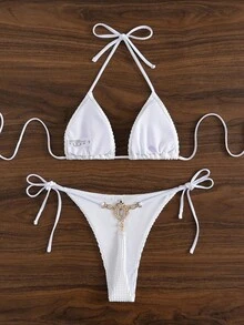 SHEIN Swim Summer Beach Textured Halter Triangle Bra & Tie Side V-String Bottom 2 Piece Bathing Suit - White - View 1