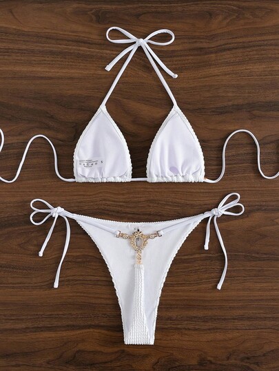 SHEIN Swim Summer Beach Textured Halter Triangle Bra & Tie Side V-String Bottom 2 Piece Bathing Suit