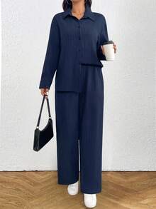 SHEIN Tall Tall系列女装秋季宽松搭配纹理面料两件套 - 藏蓝色 - 查看 7