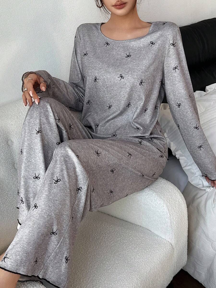 Dream Adore 2 piezas Conjunto de pijama cómodo de pantalón y top de manga larga con estampado de lazo tejido para mujer, ropa de otoño e invierno en color gris - Multicolor - Ver 1