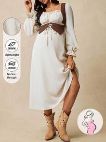 Boho Mama Maternity Frill Hem 2 In 1 Long Sleeve Waist Drawstring Western Style Dress Maternity Photoshoot Dress Pregnancy Dress Beige Maternity Dress Boho Maternity Dress Maternity Dresses Baby Shower - Multicolor - View 9