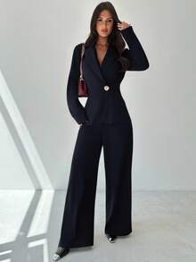 Firerie Bộ vest hai mảnh thời trang tối giản, thoải mái, có ve áo kim loại, tay dài và quần cạp cao, màu tím cà tím, thu/đông - Màu xanh hải quân - Xem 4