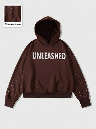 Street Life sweat-shirt à capuche ample à manches longues avec poche et imprimé de lettre diamantée pour hommes