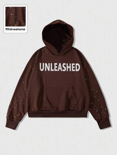 Street Life Men's Sparkling Diamond Letter Print Long Sleeve Pocket Loose Hoodie Sweatshirt