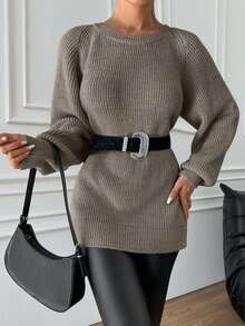 EURMUSE Women's Autumn/Winter Minimalist Casual Solid Color Ribbed Knit Raglan Sleeve Sweater - Maroon - View 7